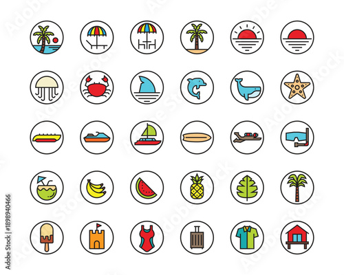 Beach icons . Holiday and Tropical Beach web icon in line color  style. Summer,Travel, Vacation, coconut, ship, scuba, jetski, dolphin Icon Pictogram Collection Vector illustration