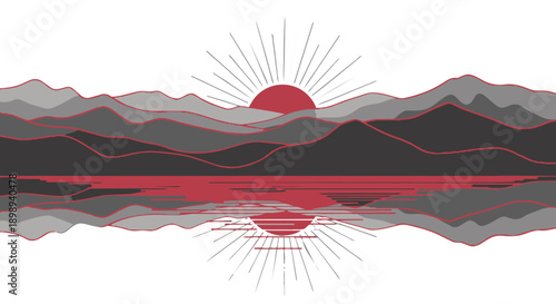 Sunset over mountains reflected in water on with red hues