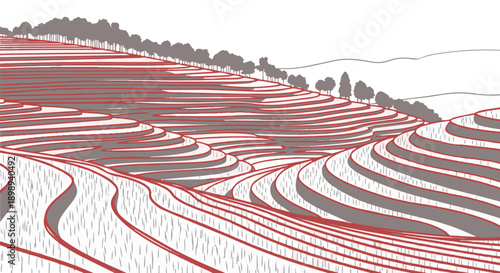 Illustration of red and gray terraced landscape with trees
