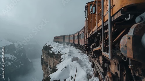 Industrial Orange Train Traveling Along Dangerous Narrow Snowy Mountain Cliff Edge in Foggy Winter Weather