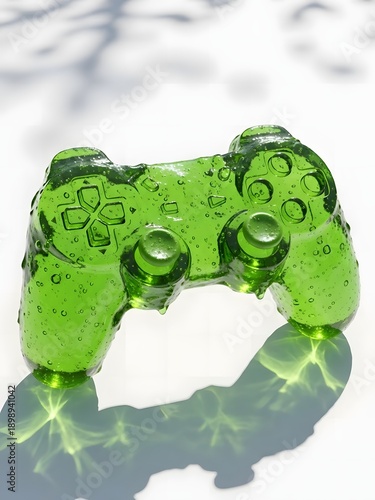 3D Translucent Green Jelly Video Game Controller with Water Droplets: Creative Gaming and Sensory Tech Concept