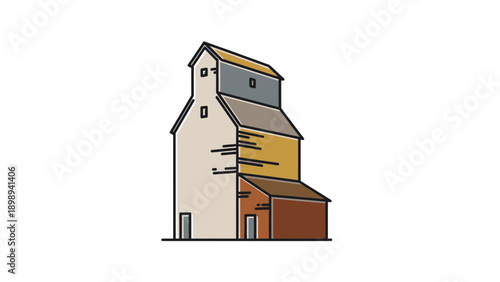 Stylized Grain Elevator Silhouette, Agricultural Heritage in 3D Fine Line Icon.