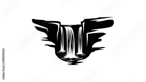 Waterfalls Cascading into Canyon Gorge Basin Vector Silhouette. transparent.