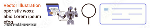 Artificial intelligence, digital verification, automation, finance security, document processing, machine learning. A robot analyzing documents displayed with a magnifying glass and invoice. AI