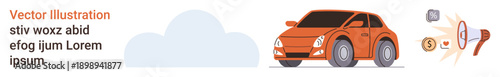 Automotive design, financial planning, car insurance, vehicle maintenance, eco-friendly transport, travel. Image of an orange car, cloud dollar sign and car key. Automotive design and financial