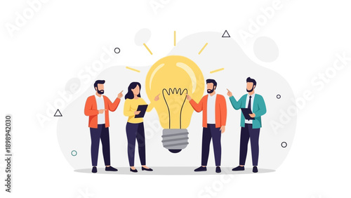 Teamwork and Innovation: People around a Giant Light Bulb Idea