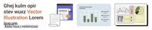 Finance, accounting, business analytics, invoice processing, data reporting, financial management. Multiple charts, graphs and invoices business operations. Finance and accounting concept