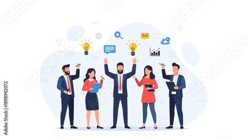 Successful business team celebrating achievement with lightbulbs and ideas