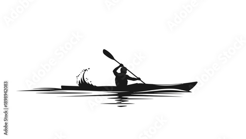Clean vector silhouette of a serene river traversed by a lone kayaker paddling. transparent.