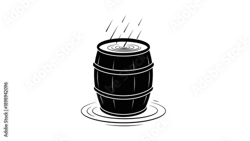 Clean vector silhouette of gentle rainfall filling a rainwater harvesting barrel. transparent