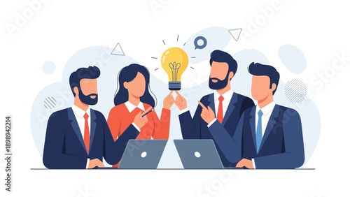 Business Team Brainstorming New Ideas with Glowing Lightbulb