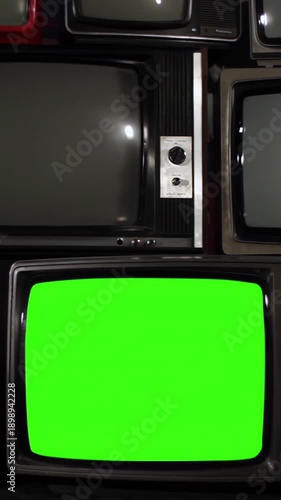 Retro Television Stack, Bottom Screen Blinking Green Screen, Analog CRT Wall, Zoom In - 4K Vertical