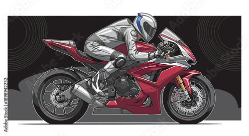 Motorcycle Racing Rider in Action on Red Bike.