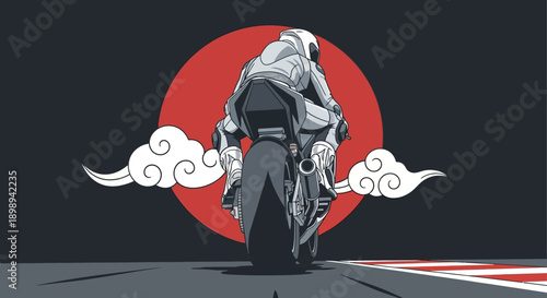 Motorcyclist in a hooded cloak riding away from the viewer.