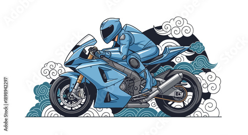 Motorcyclist in blue racing suit riding a sports bike.