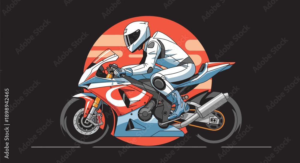 Fototapeta premium Motorcycle Rider in White Racing Suit on Blue Bike.