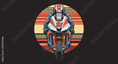 Motorcycle Rider Racing with Retro Sunset Background.