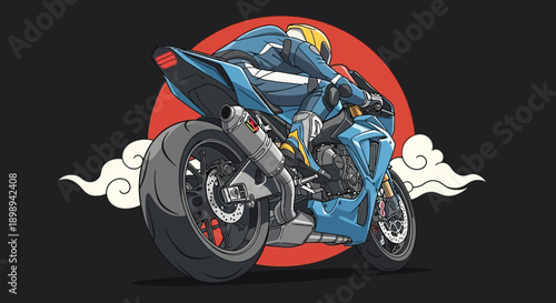 Blue Motorcycle Illustration with Rider in Action.