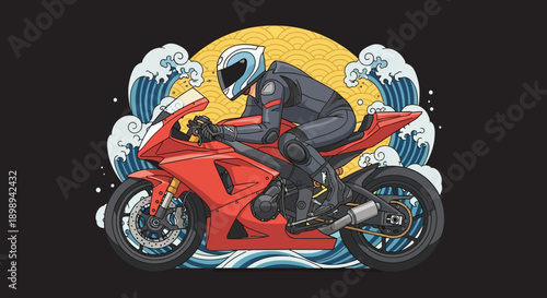 Motorcycle Rider Illustration with Red Bike and Ocean Waves.