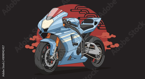 Blue sports motorcycle with red accents on black background.