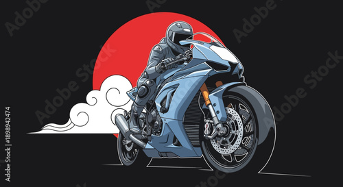 Motorcyclist riding a blue sports bike against a red sun.