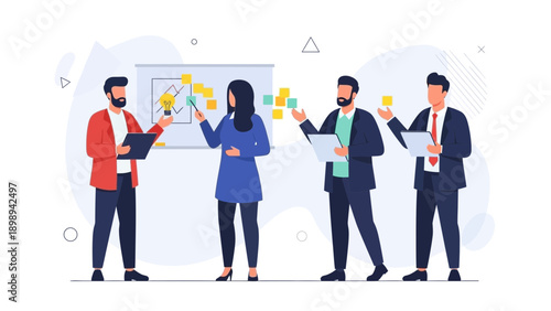 Teamwork brainstorm session with sticky notes and whiteboard