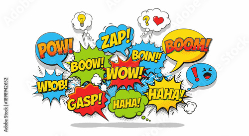 Colorful comic book speech bubbles with wow, zap and pow