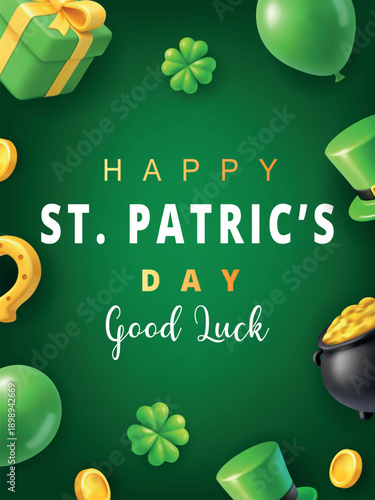 Vertical St. Patricks Day greeting banner with coins, clovers, hat, gift and balloon border