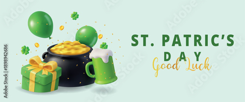 St. Patricks Day greeting banner with pot of gold, beer mug, clovers, balloons and gold coins