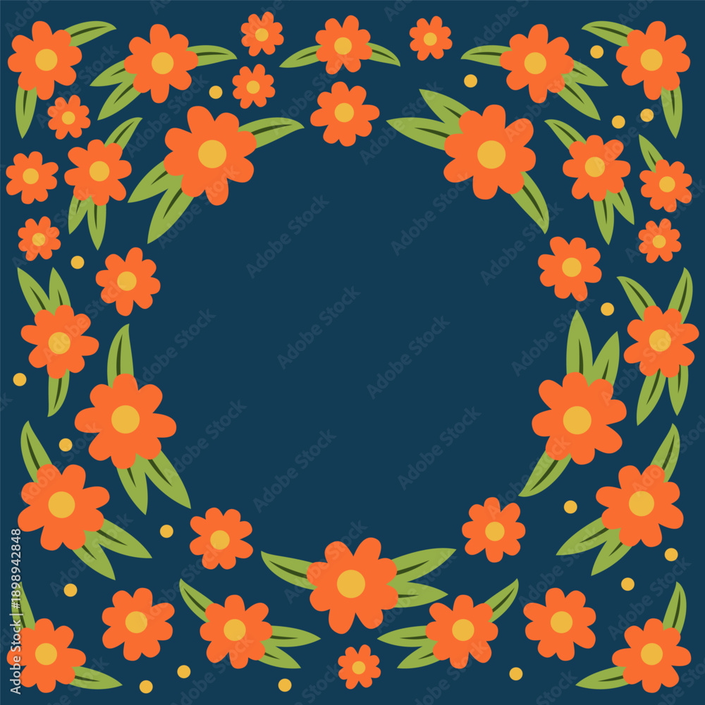 Obraz premium Flat floral frame of orange flowers and green leaves arranged in a wreath on a dark blue background. Decorative botanical border for cards, invitations and prints.
