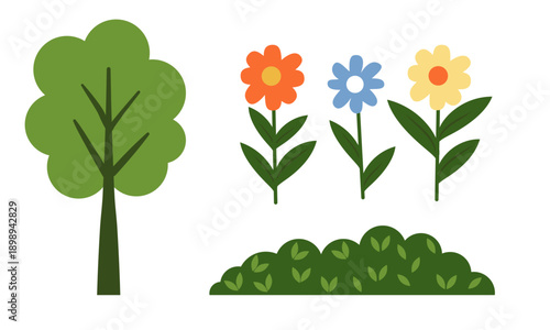 Flat vector sticker set with garden elements: tree, bush and three flowers. Isolated spring plants for gardening, nature themes and decorative compositions.
