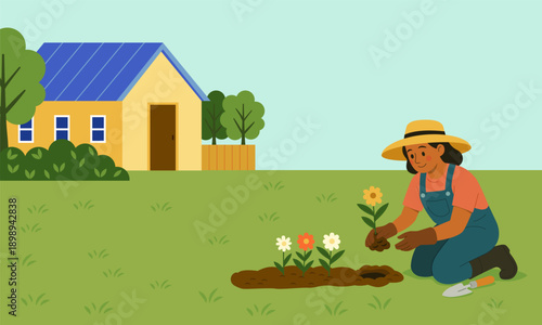 Flat vector scene of a woman planting flowers in a garden near her house. Spring gardening activity with soil, plants and tools in a calm outdoor setting.