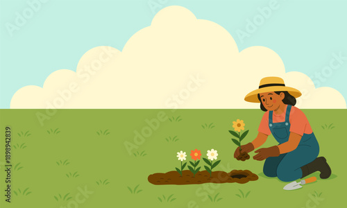Flat vector scene of a woman planting flowers in a spring garden. Gardening activity with soil, plants and tools in a calm outdoor natural setting.