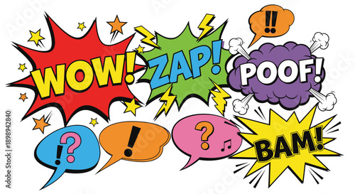 cartoon comic book speech bubbles with wow zap and other sound effects