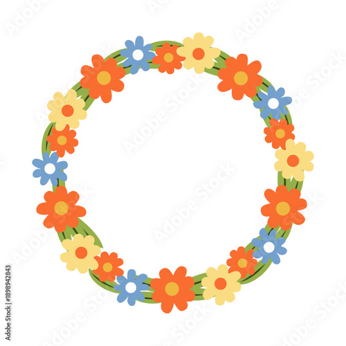 Flat vector floral wreath made of colorful spring flowers and green leaves arranged in a круг. Decorative botanical frame for seasonal design and decor.