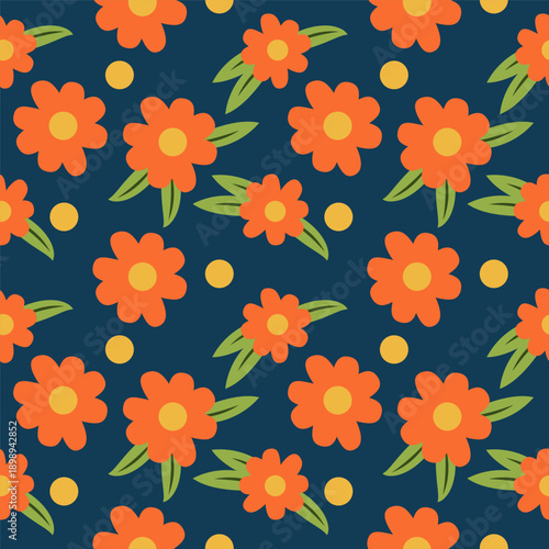 Seamless pattern with orange flowers, green leaves and yellow dots on dark blue. Repeating floral texture for fabric, wrapping paper, stationery, textiles and decor.