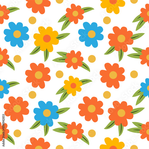 Seamless pattern with orange, blue and yellow flowers, green leaves and dots on white. Repeating floral texture for fabric, wrapping paper, stationery and decor.