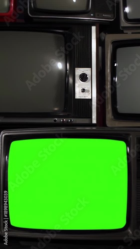 Vintage Television Wall, Bottom Screen Turns On and Off With Green Screen, Retro CRT Stack - 4K Vertical