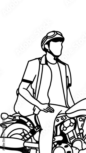Line art illustration of a teenage schoolboy riding a motorcycle and wearing a helmet. This illustration was inspired by a scene from a popular Korean drama.