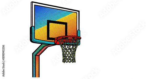 Colorful basketball hoop with net on simple white background  