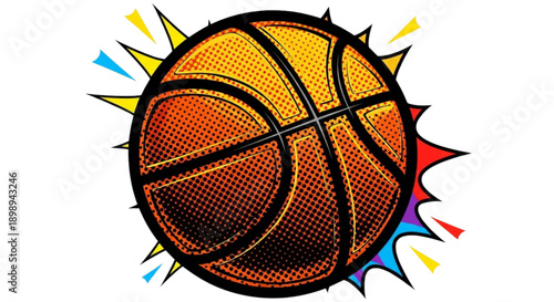 Graphic of basketball with vibrant explosion in comic style  