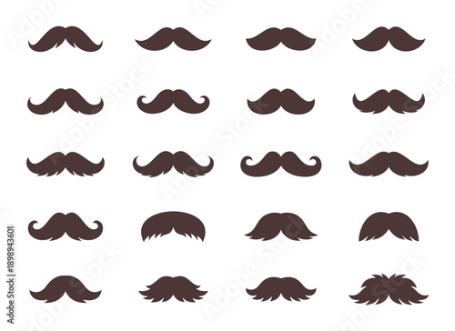 Brown moustache collection in flat vector style. Retro hipster mustaches for barbershop branding, costume props, vintage design and stylish fashion graphics.