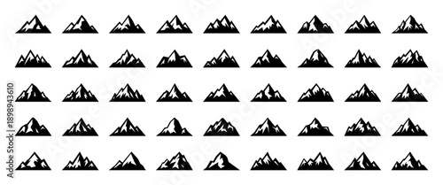 Set of black silhouette mountain icons. Simple vector peaks and ridge shapes for adventure, travel, outdoor, climbing and logo design themes.