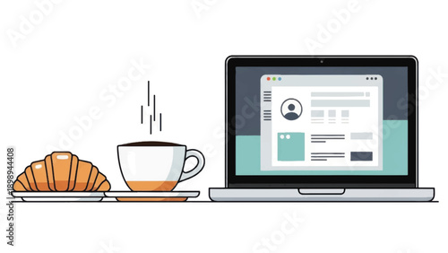 Laptop with Coffee and Croissant Illustration.