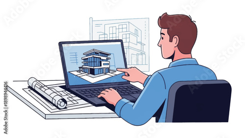 Man designing house on laptop computer.