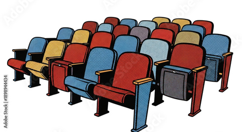 Colorful audience seats arranged in a theater setting  