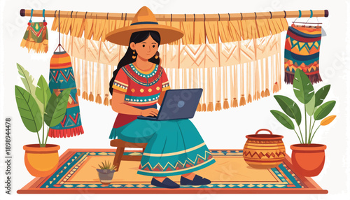 Woman in Traditional Clothing Using Laptop.