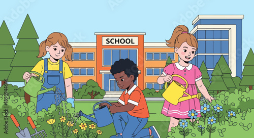 Children watering plants and learning outdoor gardening at school. Ideal for eco-learning, environmental education, nature curriculum, and hands-on activities.