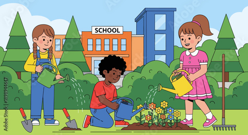 Children watering plants and learning outdoor gardening at school. Ideal for eco-learning, environmental education, nature curriculum, and hands-on activities.