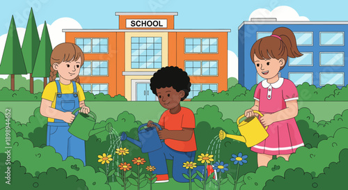 Children watering plants and learning outdoor gardening at school. Ideal for eco-learning, environmental education, nature curriculum, and hands-on activities.